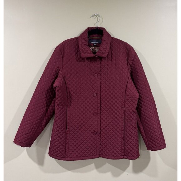 Jones New York Size Large Packable Quilted Jacket Coat Burgundy Button Up - Picture 1 of 8